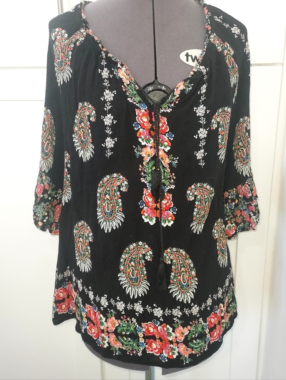 Bila Black Floral Paisley V-Neck Tunic with Tassel Tie